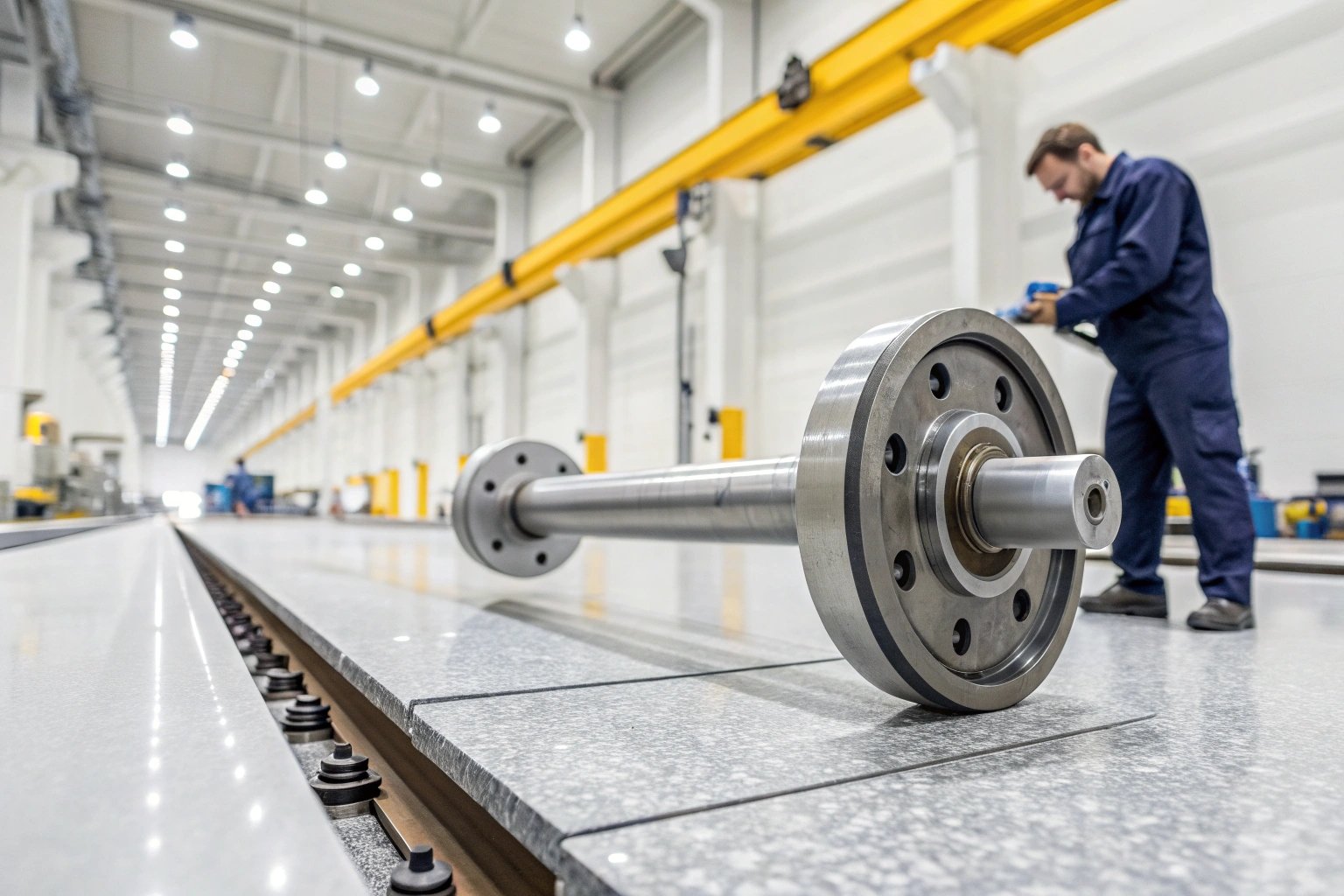 Industrial setting showcasing large metal rod set on assembly line.
