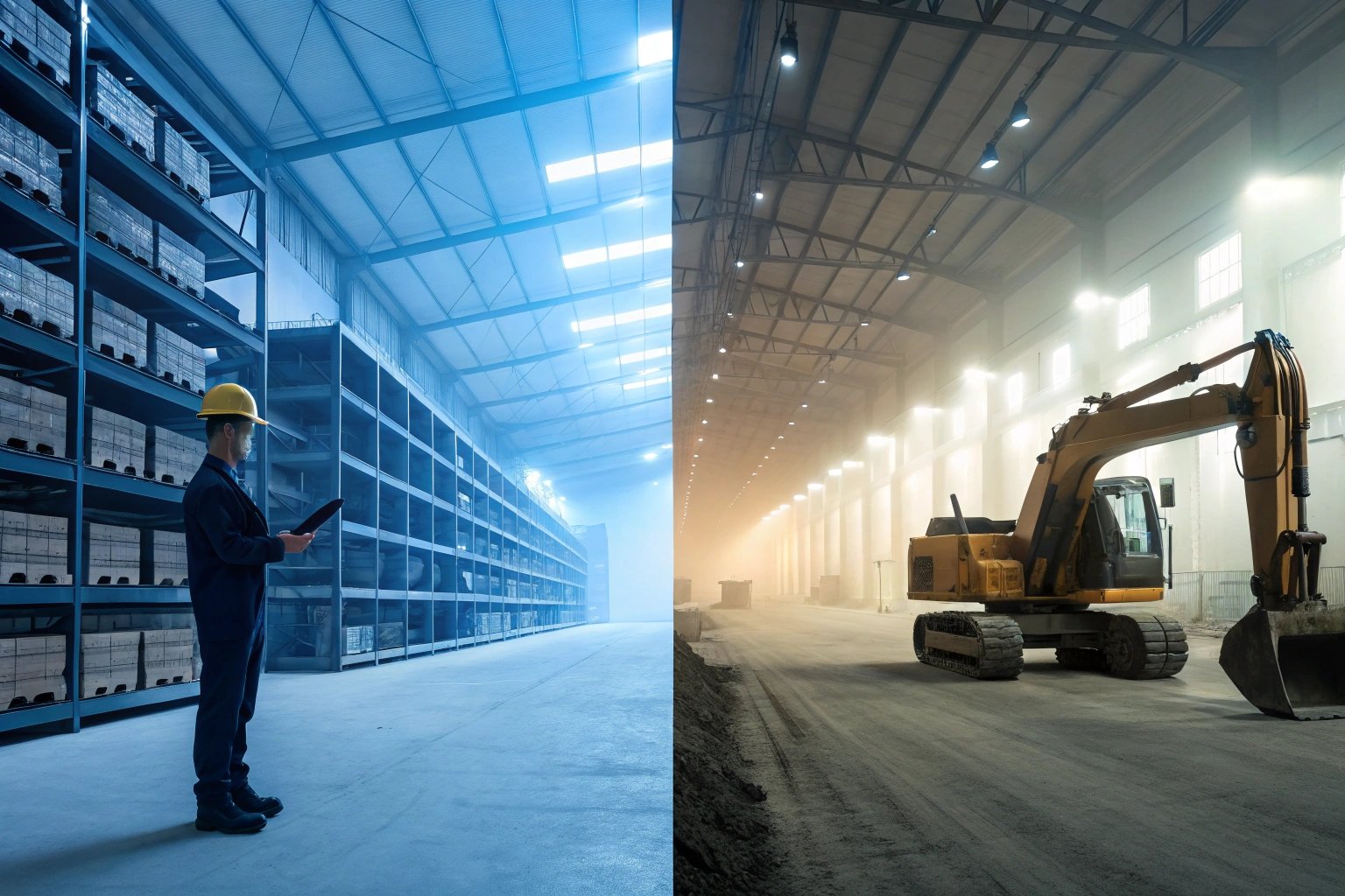 Split image of warehouse storage and construction with excavator.