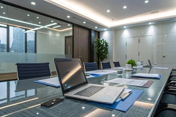 Laptop and documents on boardroom table