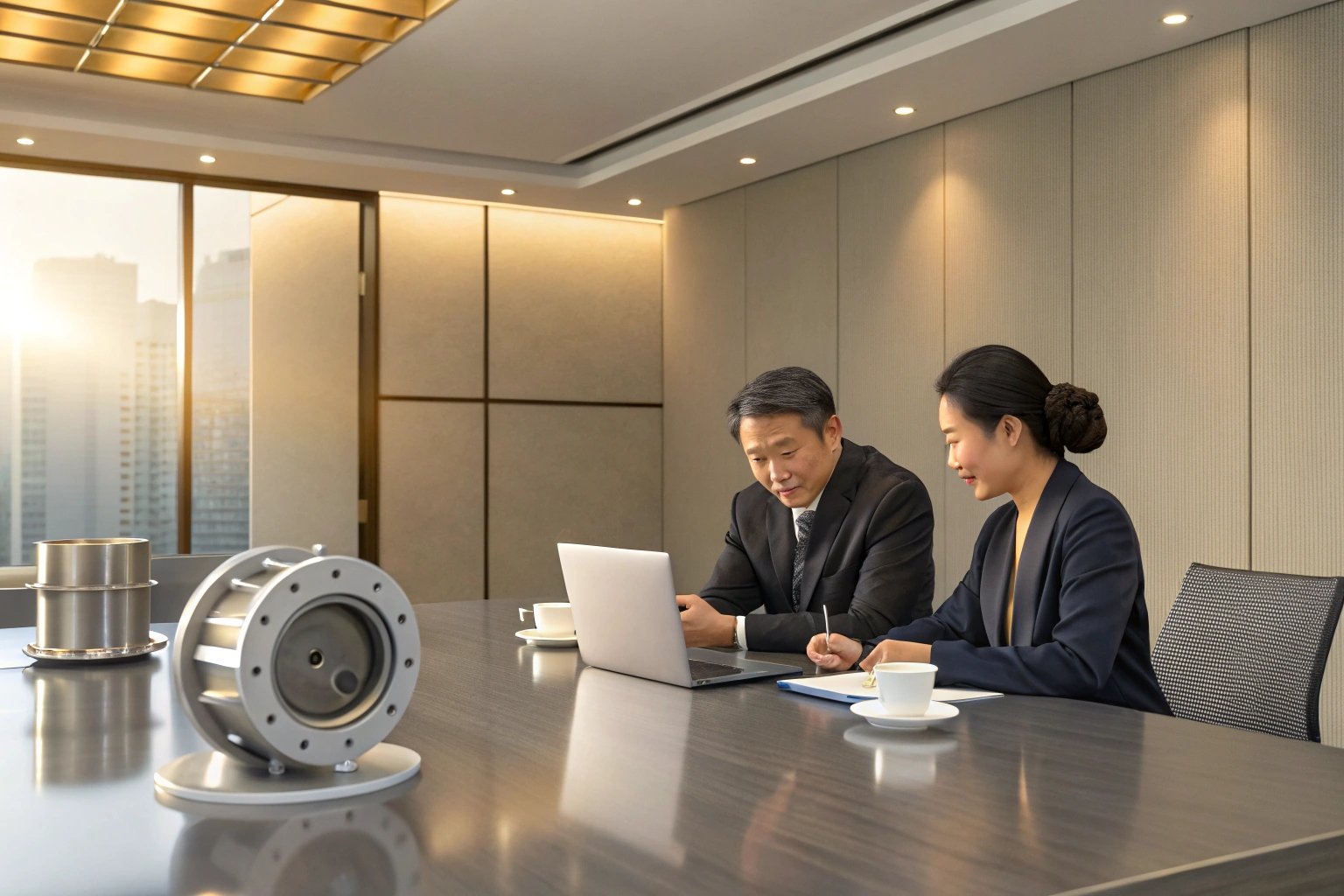 Industrial Meeting Executives reviewing documents in a conference room with industrial components on the table.