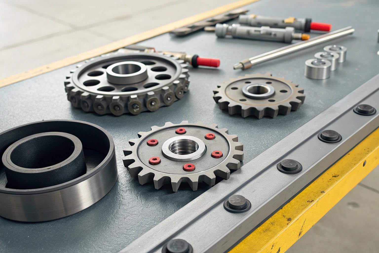 Metal gears and tools on workshop table. Various gear types for machinery assembly and maintenance.