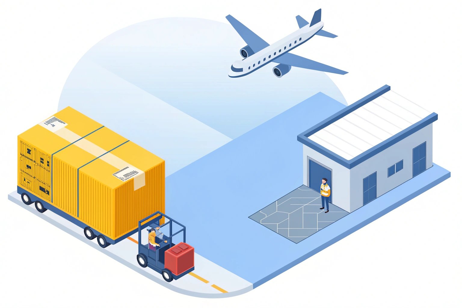 Illustration of cargo transport with forklift and airplane suggesting logistics concept.