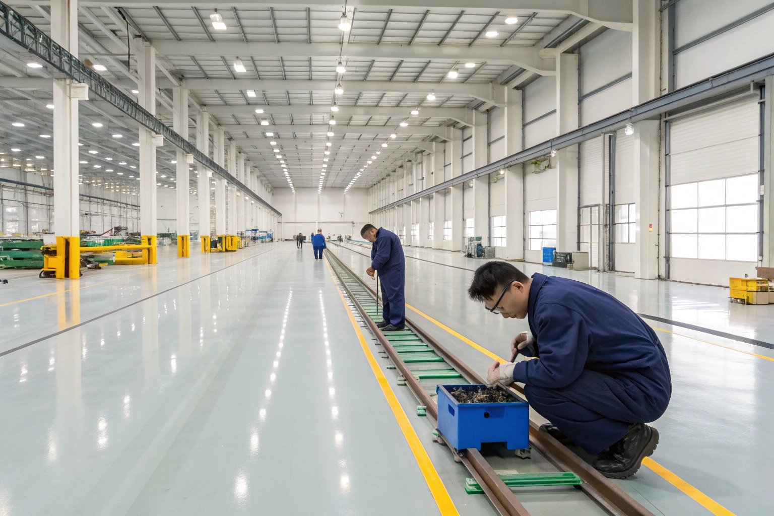 Technicians working on large rail assembly process, wearing blue uniforms in bright factory hall.