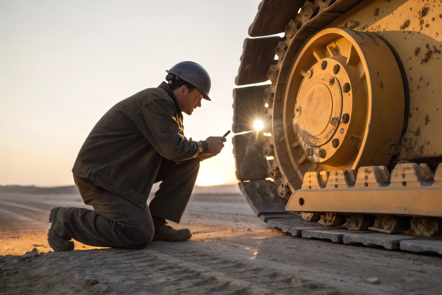 Worker inspecting excavator tracks on construction site