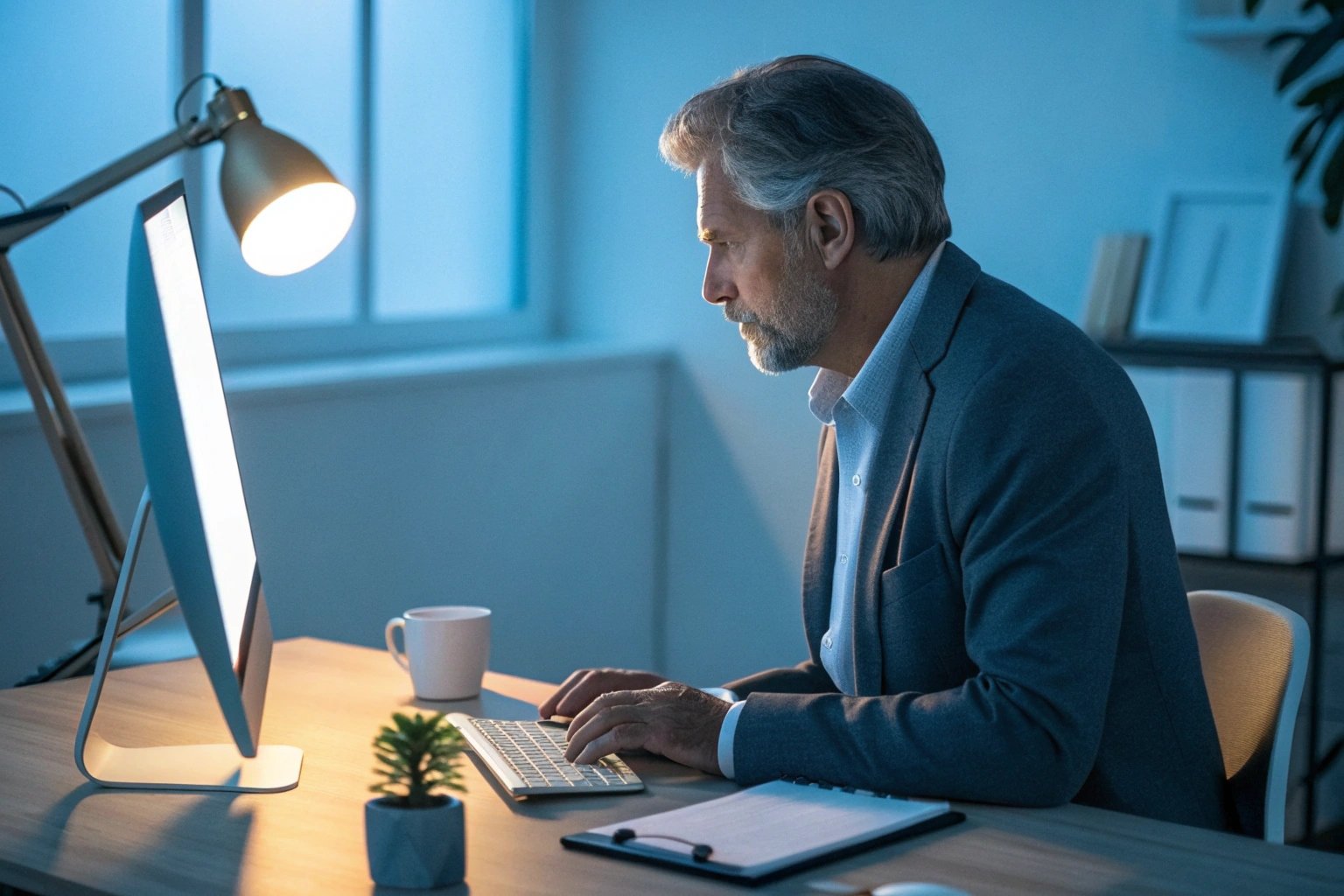 Man working late at computer in dimly lit office