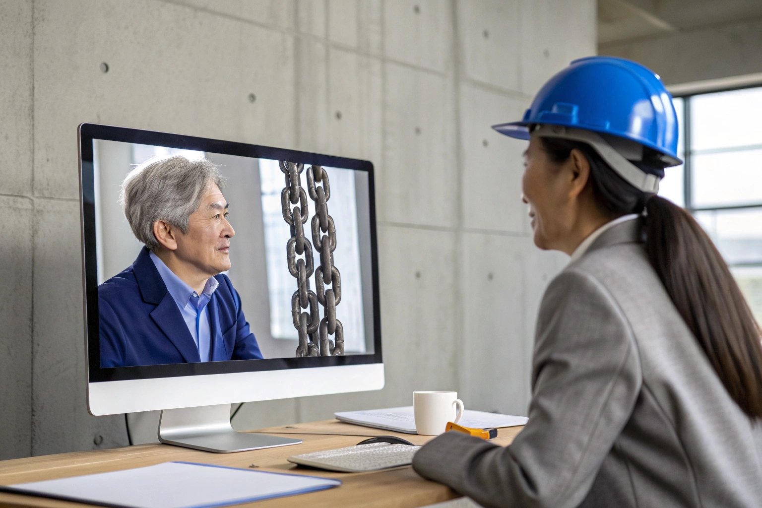 Video Conference Woman in hard hat having video conference with professional on screen.
