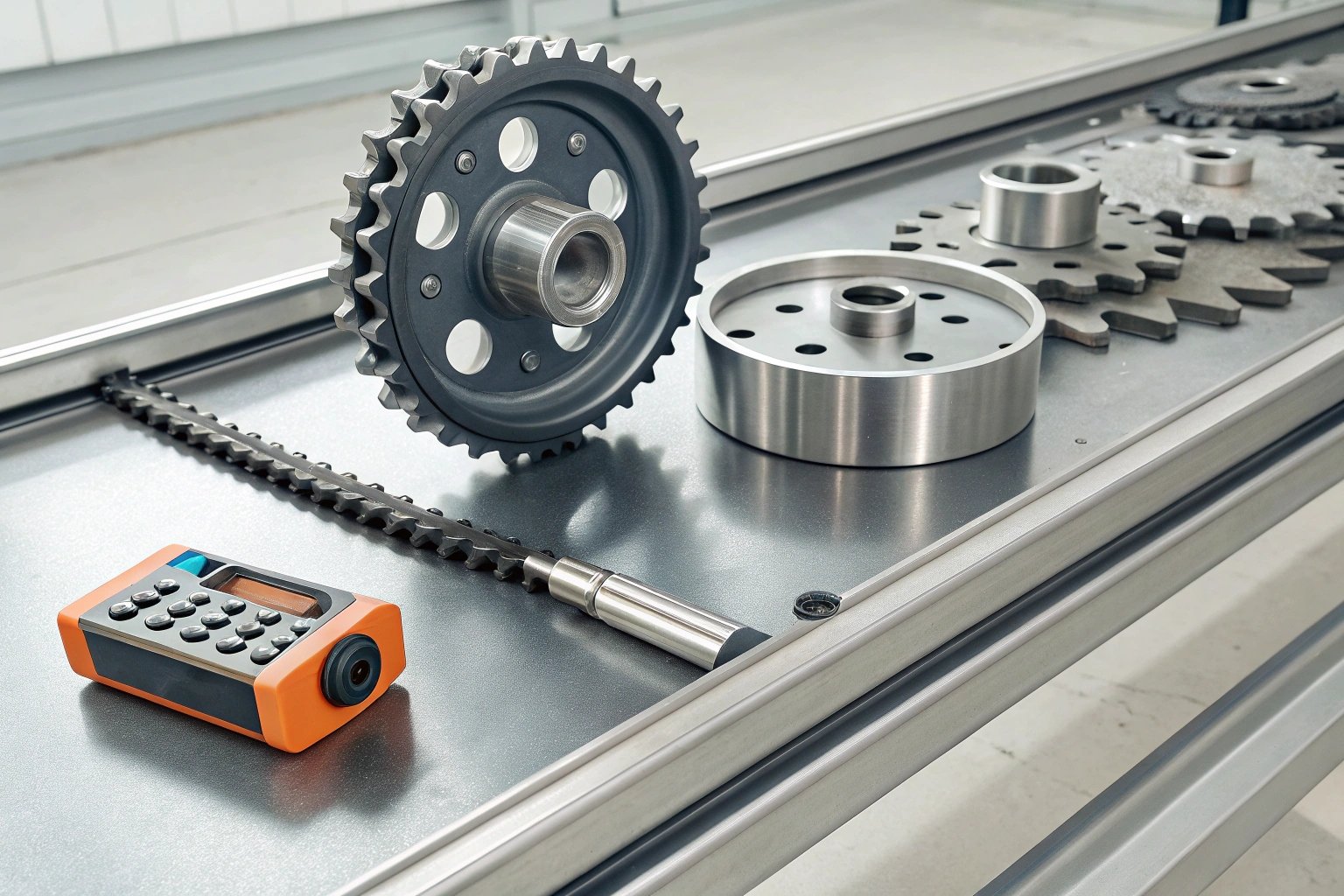 Industrial gears and chain with electronic device on metal table.