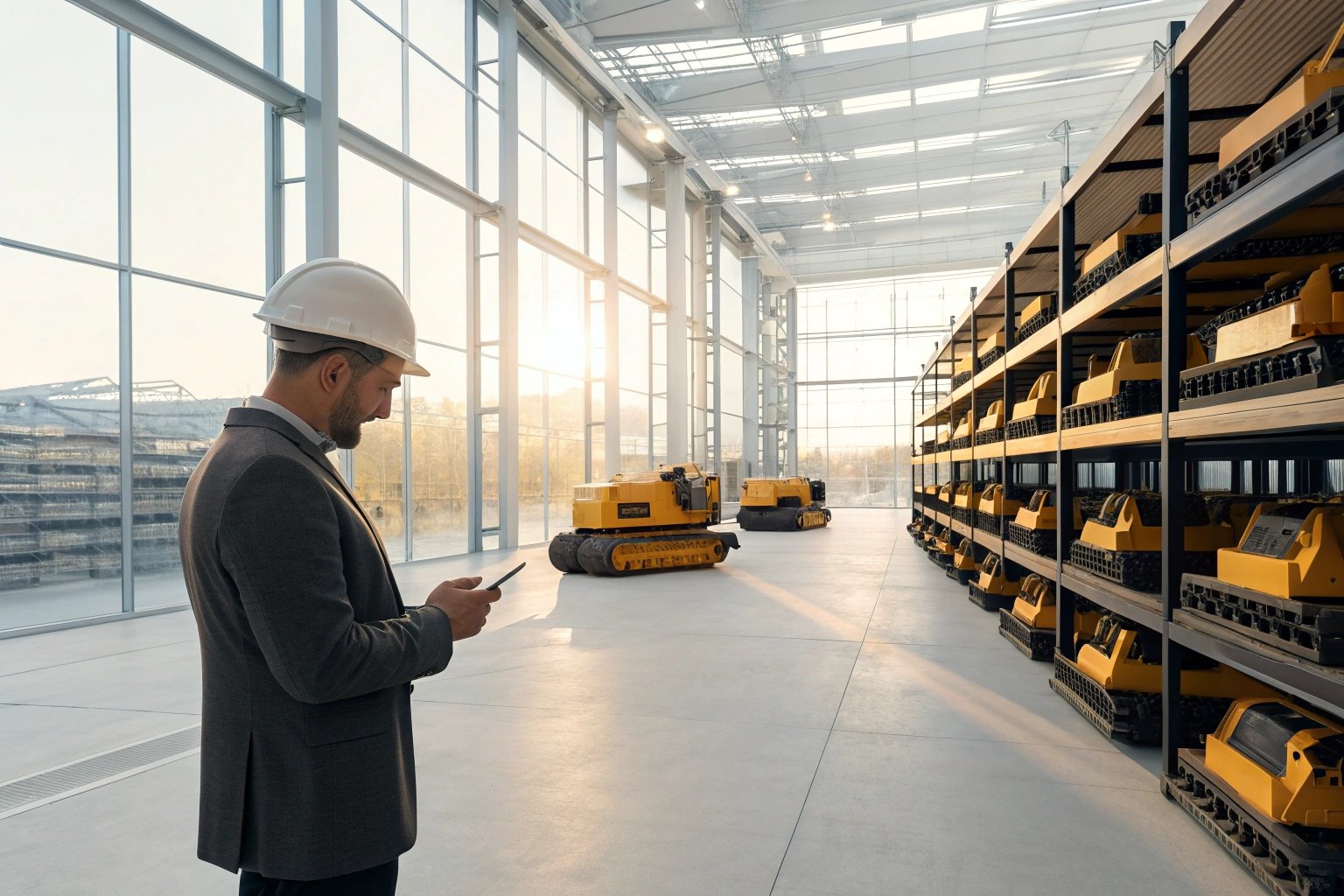 Engineer inspecting yellow industrial equipment in a large modern warehouse