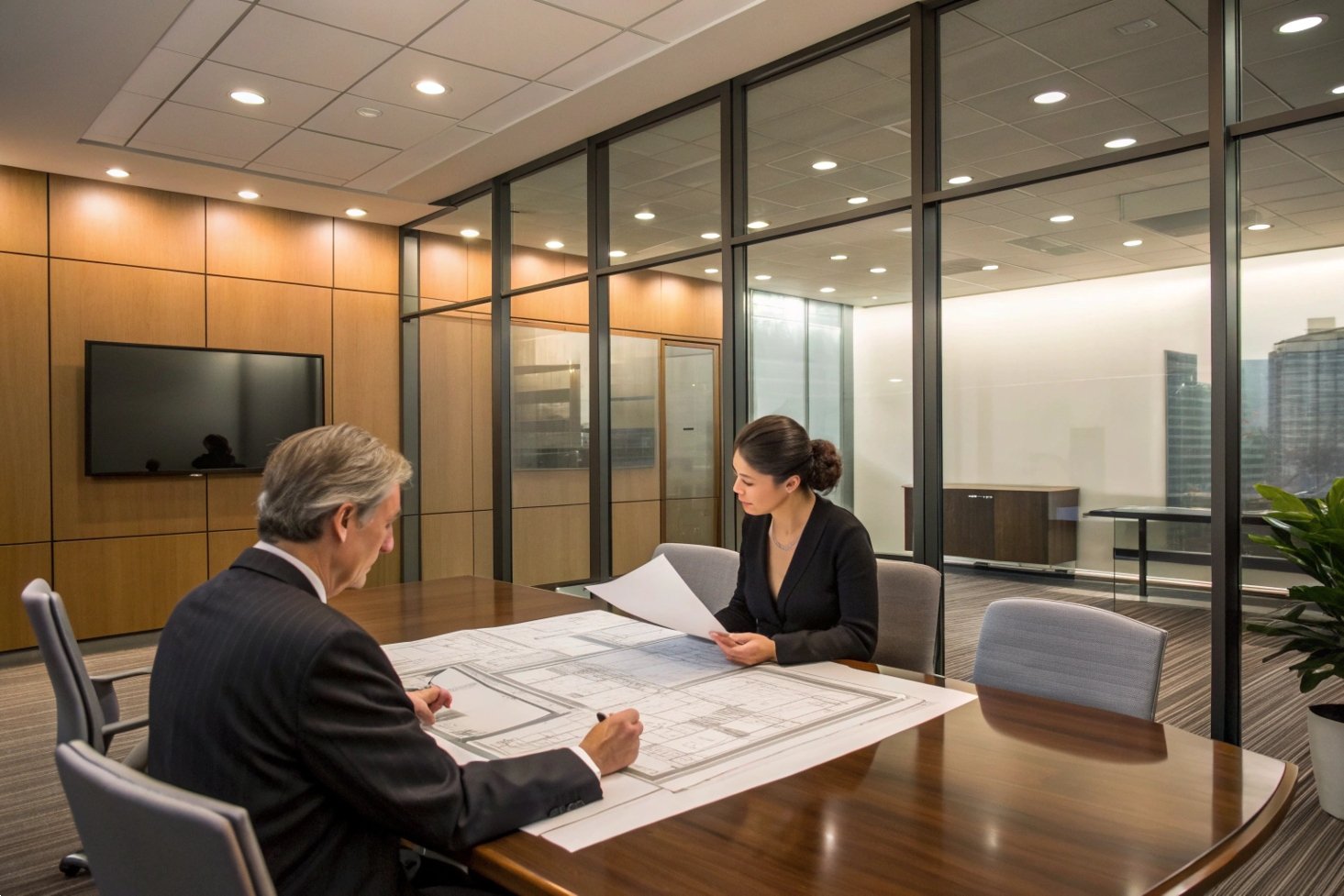 Business meeting discussing architectural blueprints