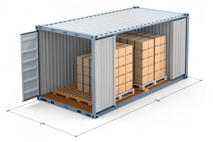 Open storage container with stacked goods