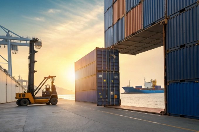 Container crane loading at sunrise