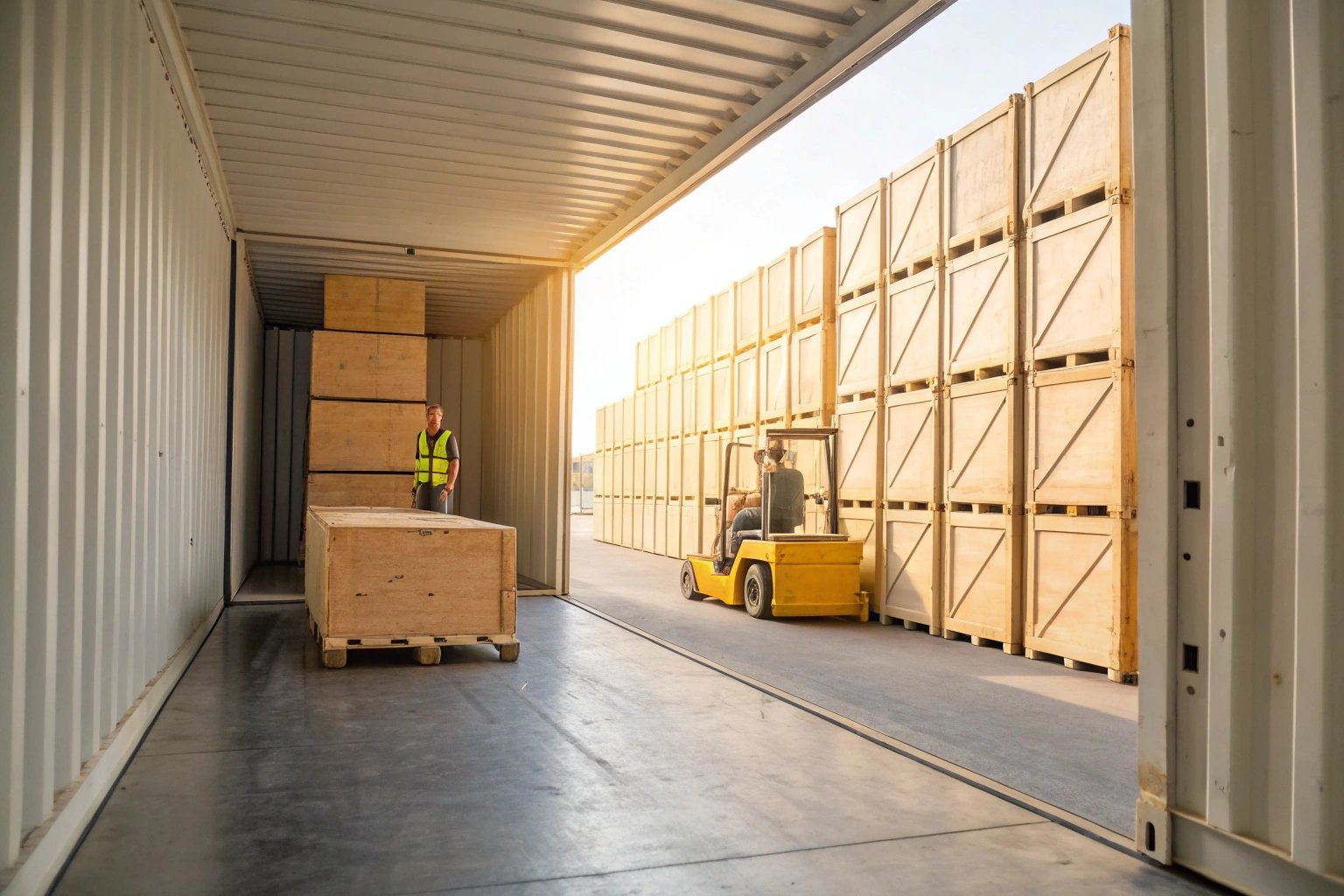 Forklift loading wooden crates into container at port.