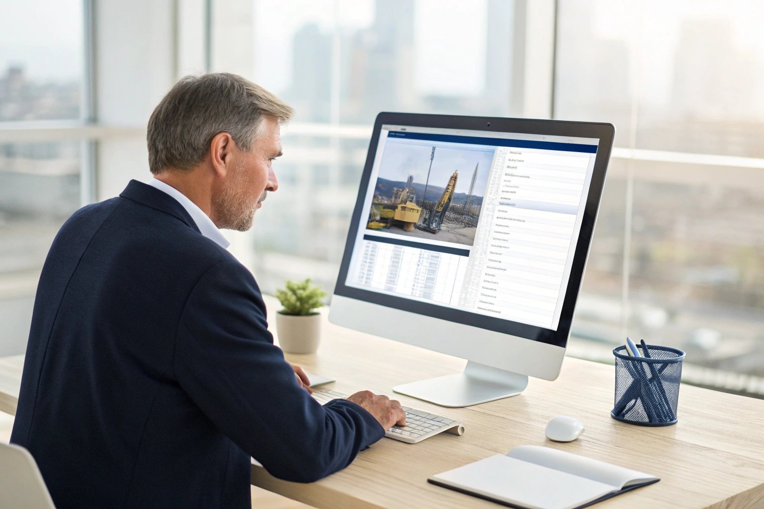 Professional analyzing construction data on desktop