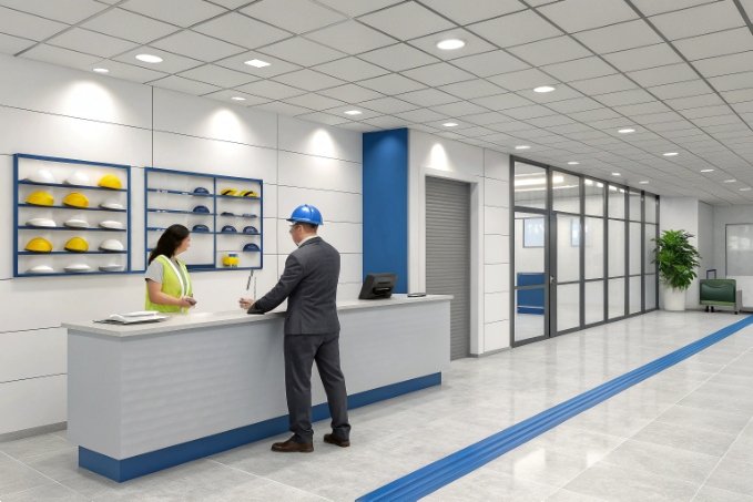 Reception area with worker and helmets