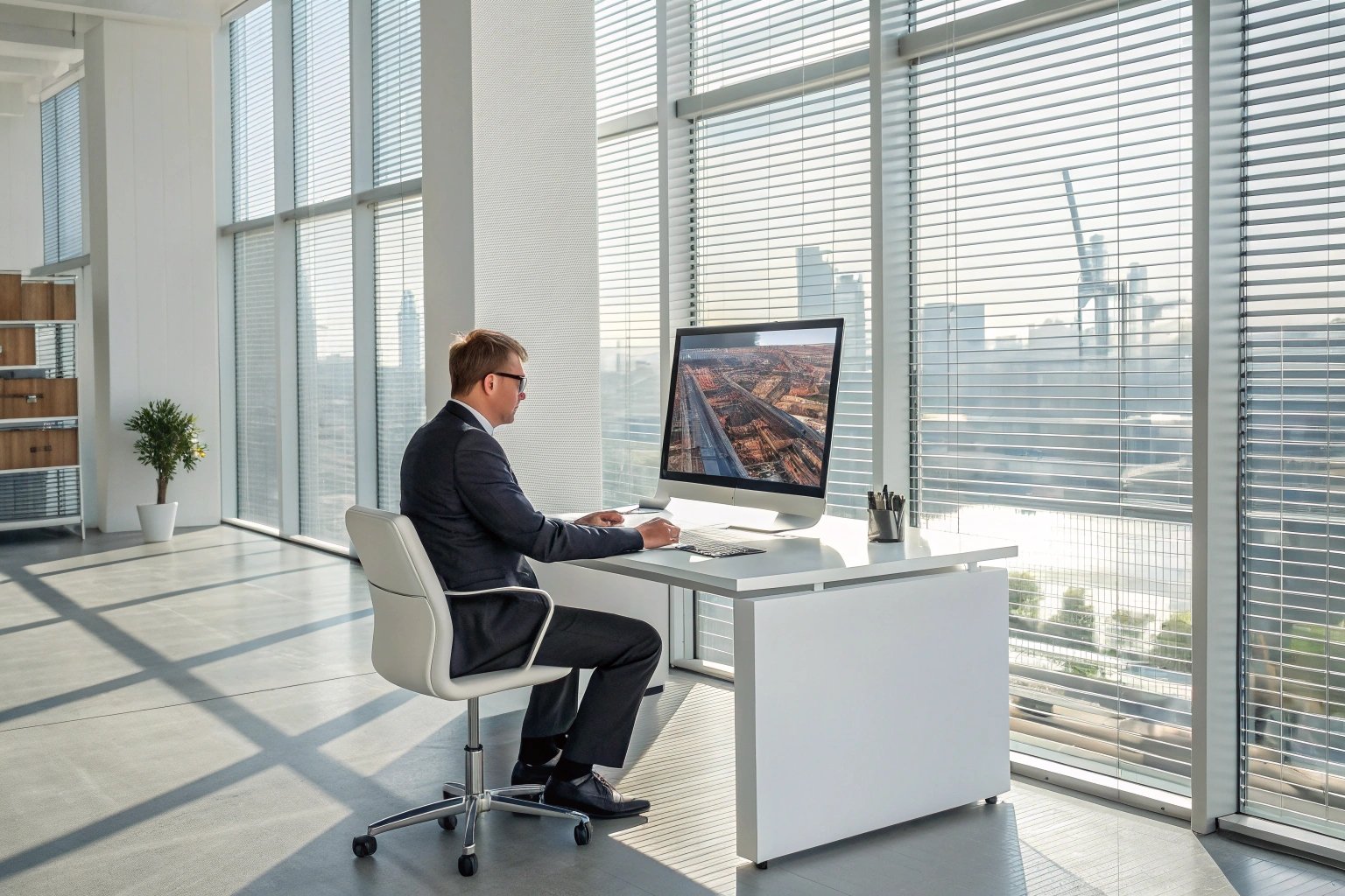Manager assessing aerial urban development images in office