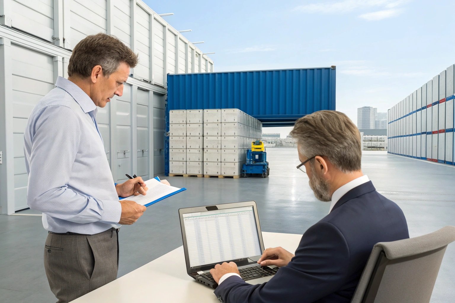 Men with blurred faces discussing container logistics in outdoor facility.