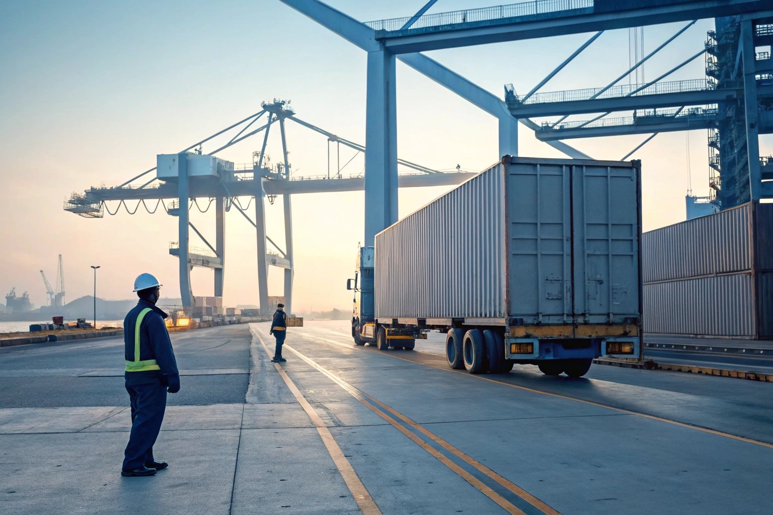 Container truck approaching giant port crane in dawn.