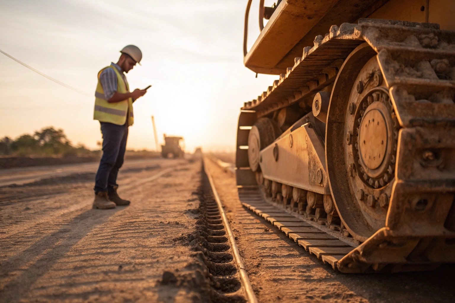 Construction worker reviewing site at sunset.
