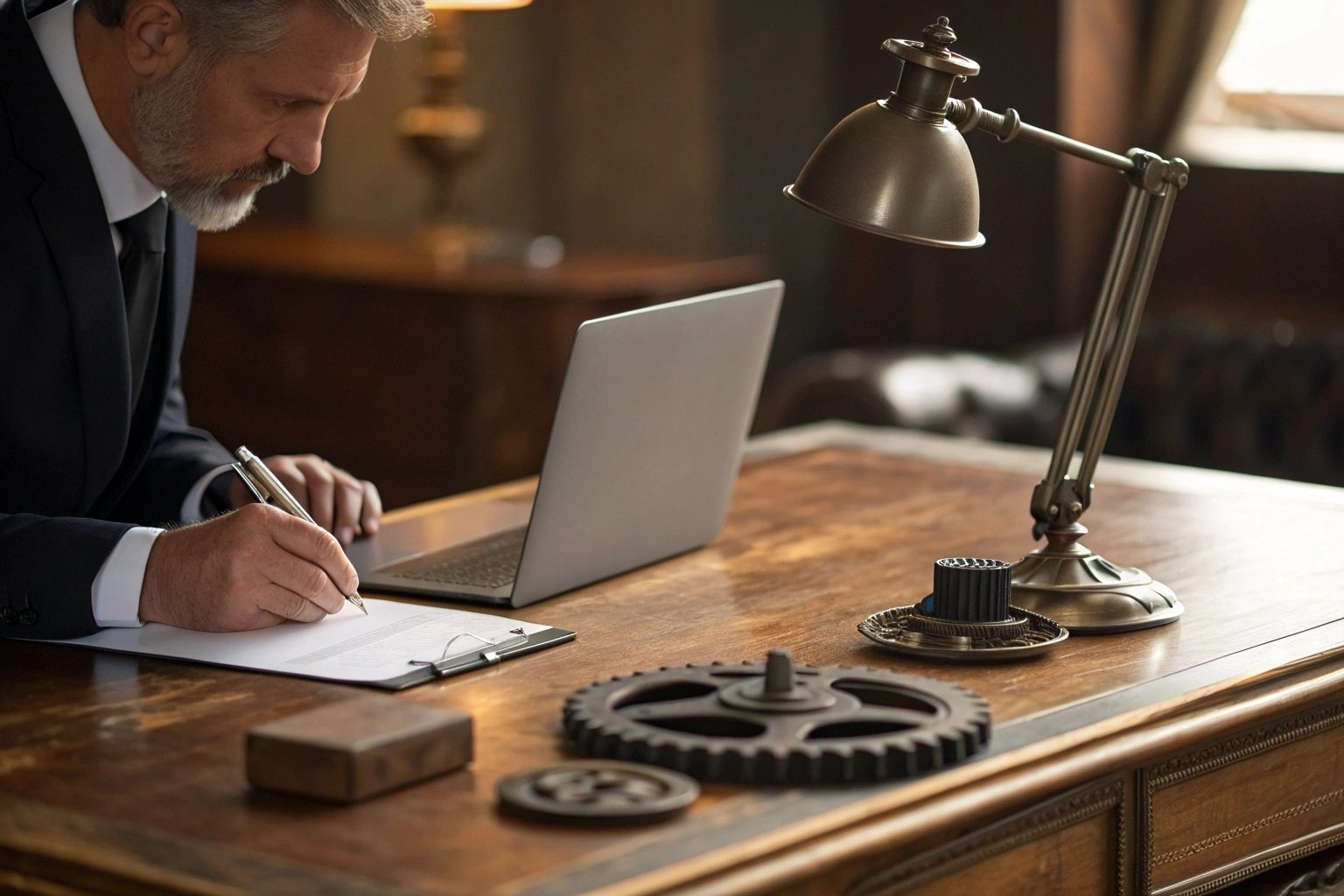 Engineer drafting compliance documents beside laptop and machine gears on wooden desk