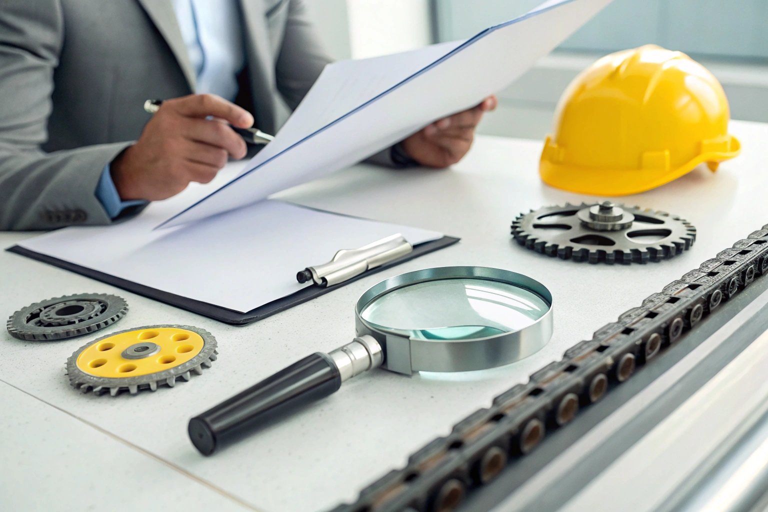 Businessman analyzing documents with tools and helmet