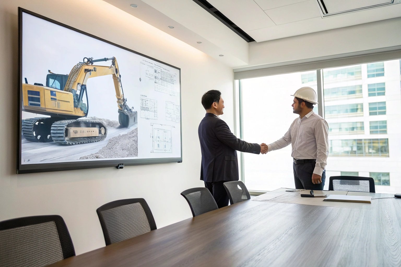 Executives shaking hands in boardroom