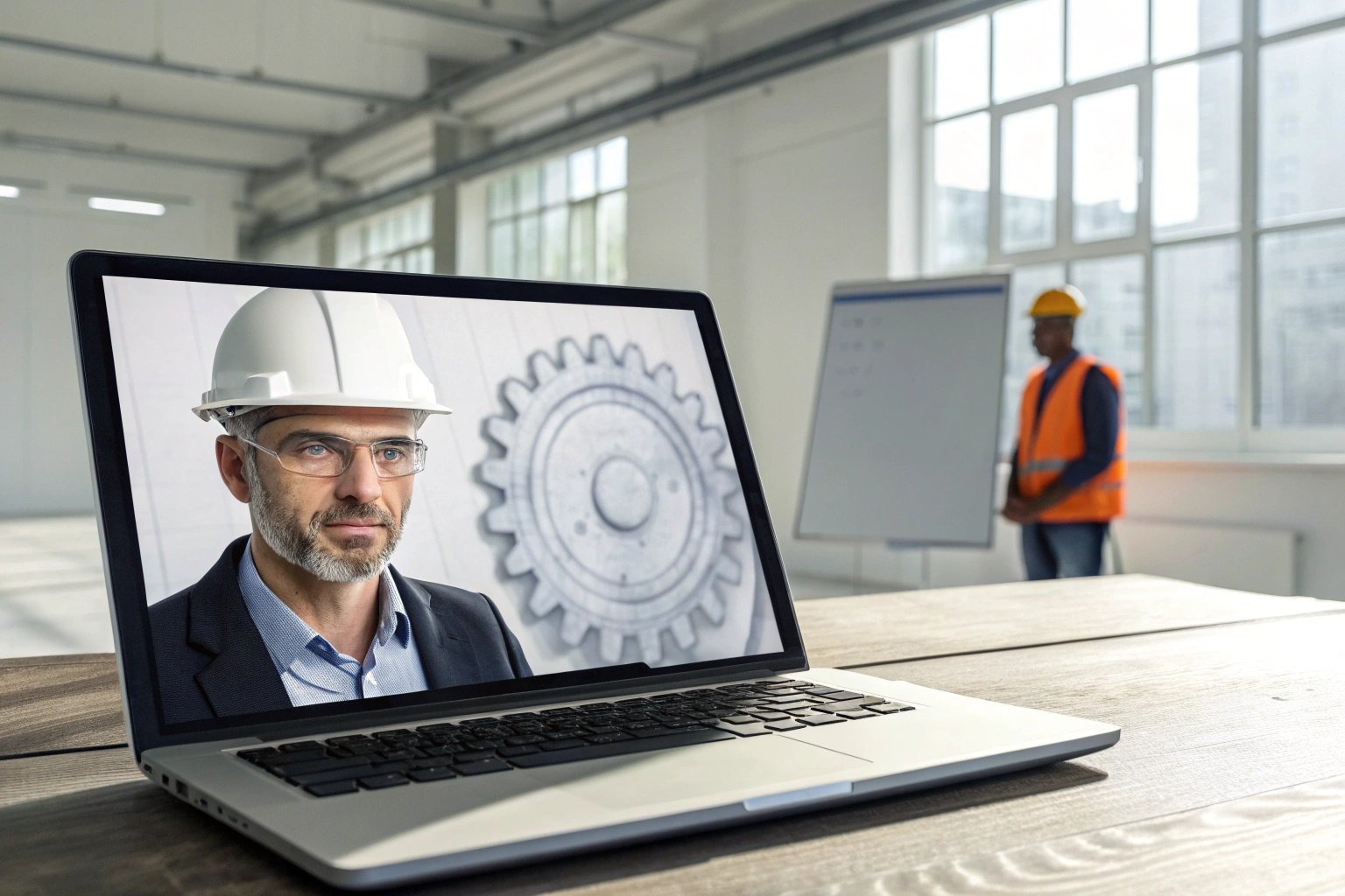 Virtual training with industrial safety engineer in factory meeting room