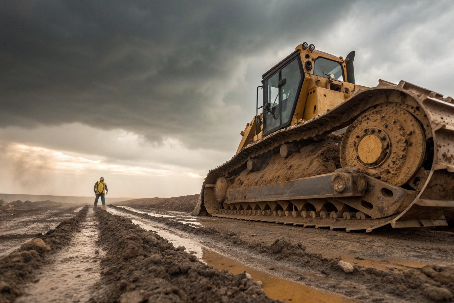 Bulldozer moving earth on muddy construction site under stormy sky