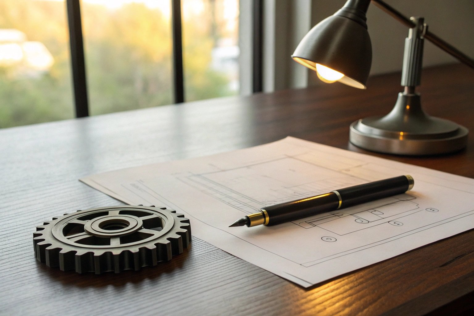 Industrial gear prototype on technical drawing under desk lamp