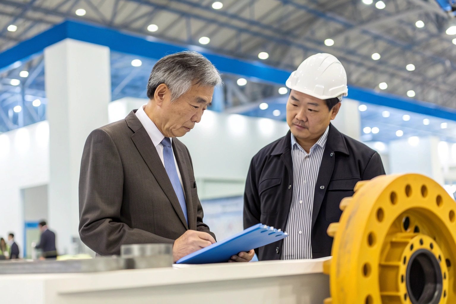 Engineer and manager review technical documents beside heavy industrial machinery component.