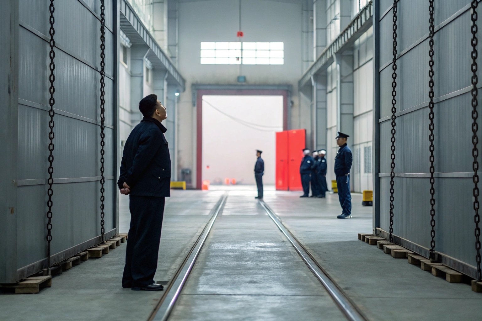 Industrial facility security inspection with personnel positioned along track-lined corridor.