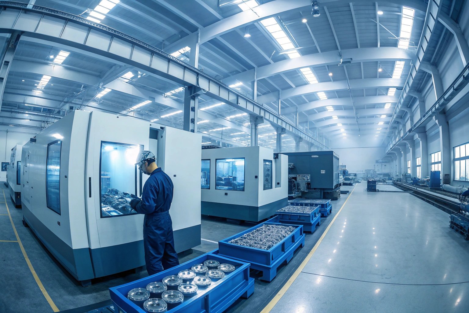 Technician operating CNC machining center in modern factory production line.