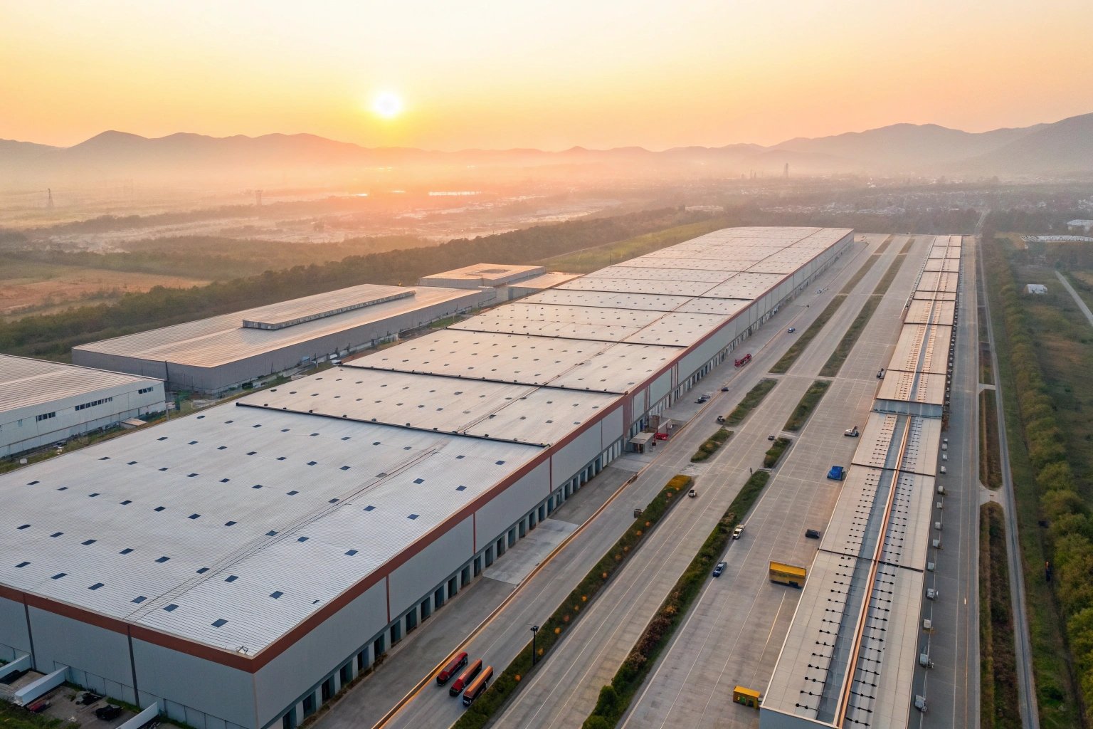Sunset view of vast logistics center with warehouses and roads, set against hills