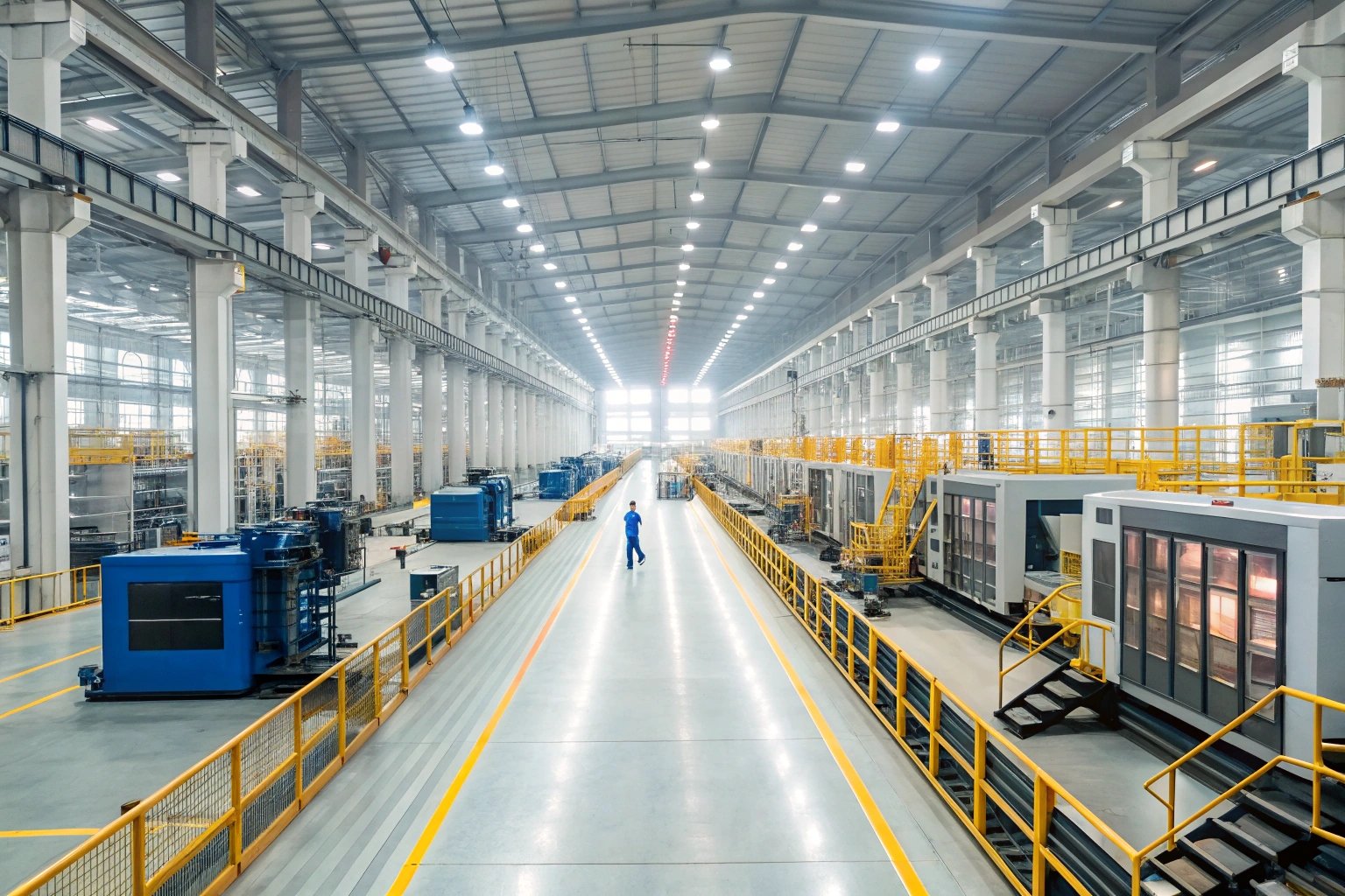 Expansive workshop with machines, worker inspecting, bright lighting and organized layout