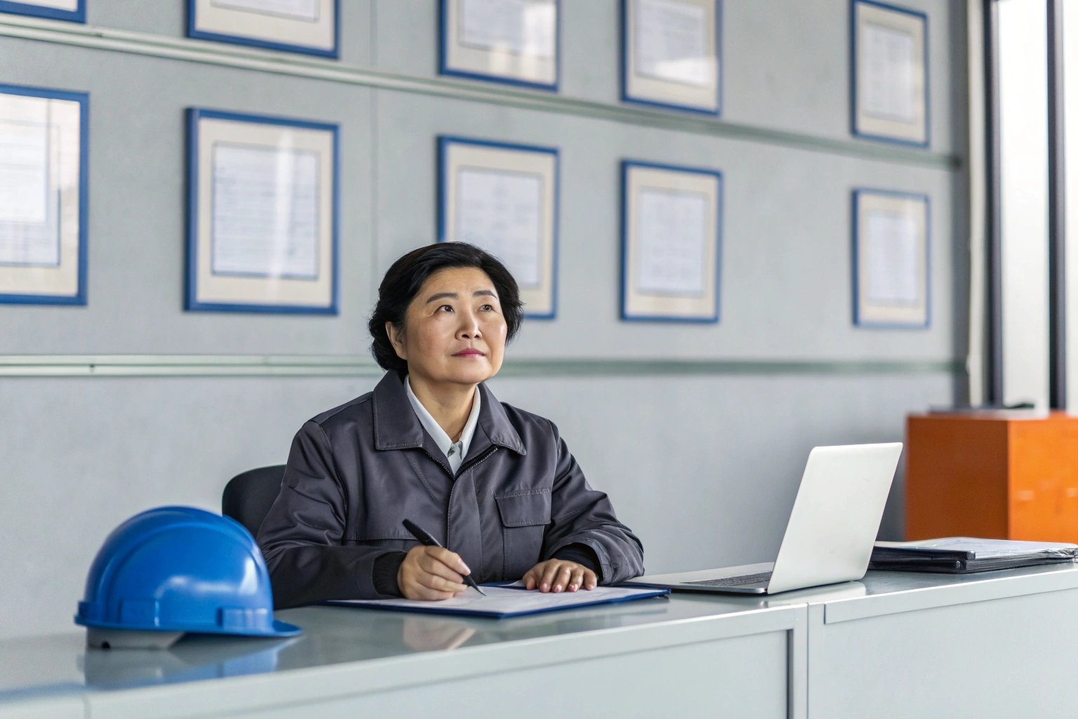 Engineer reviewing documents with laptop on desk