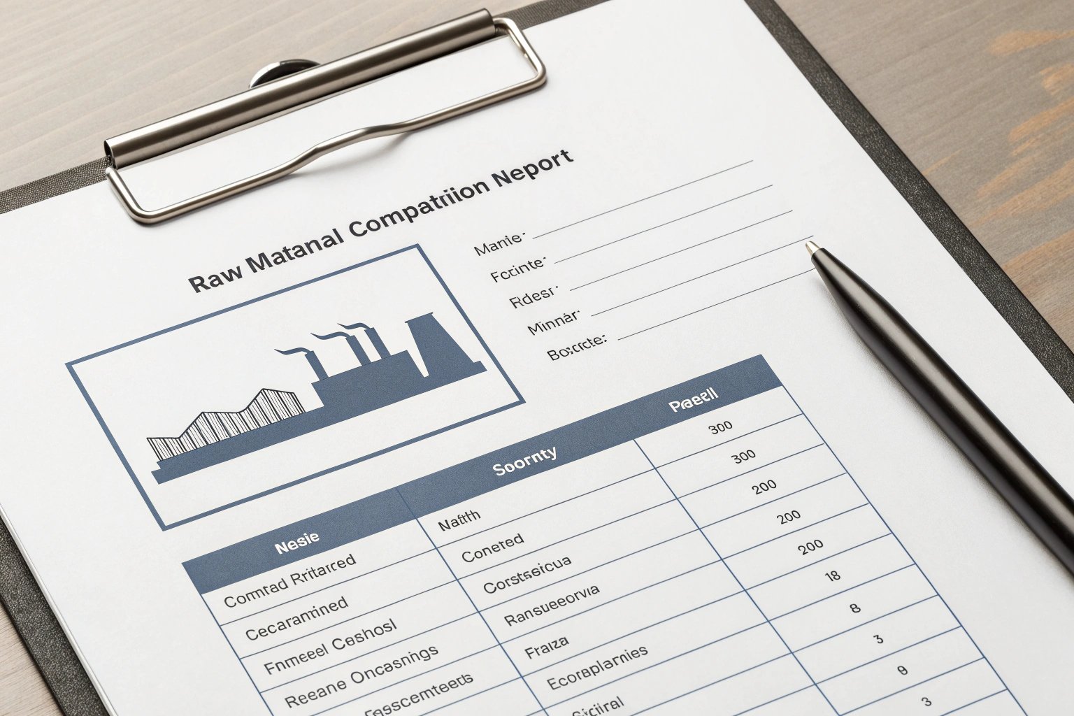 Material Report Document showing raw material report on clipboard