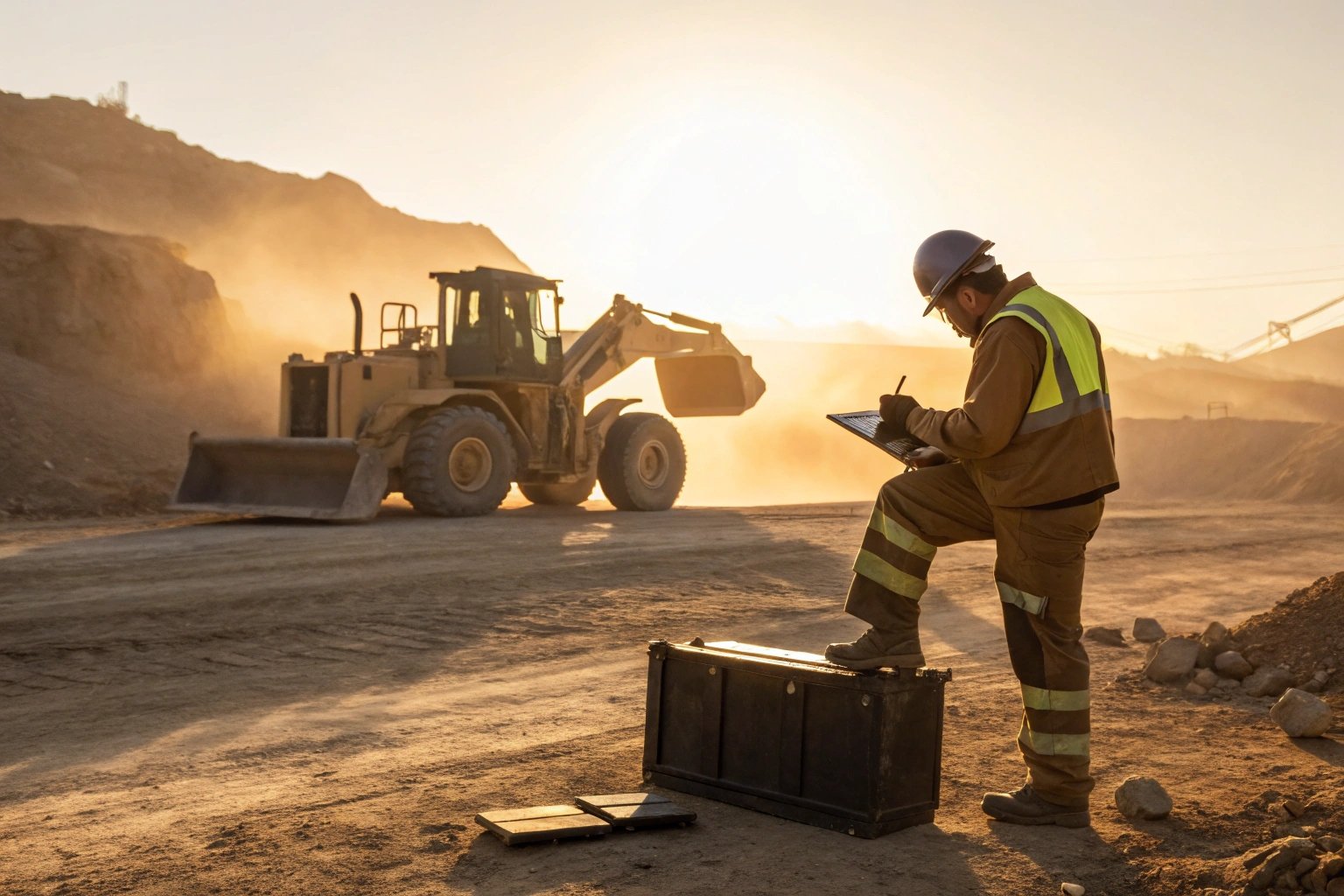 Worker with a tablet overseeing construction machinery