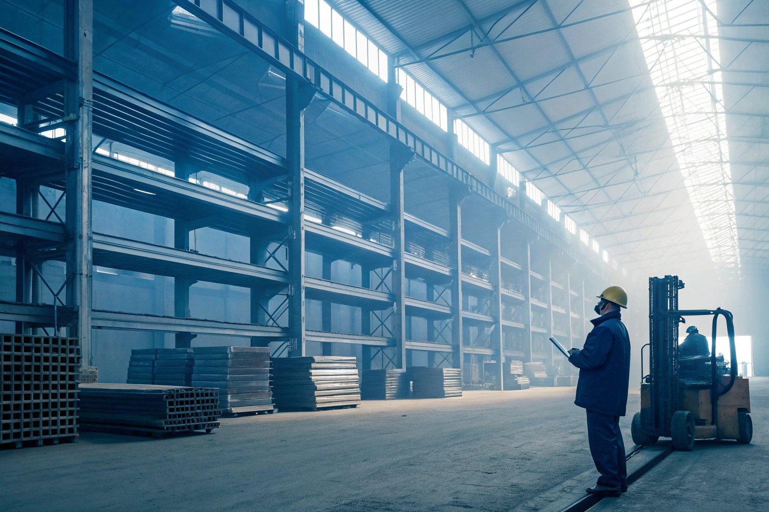 Warehousing operations with forklift and worker