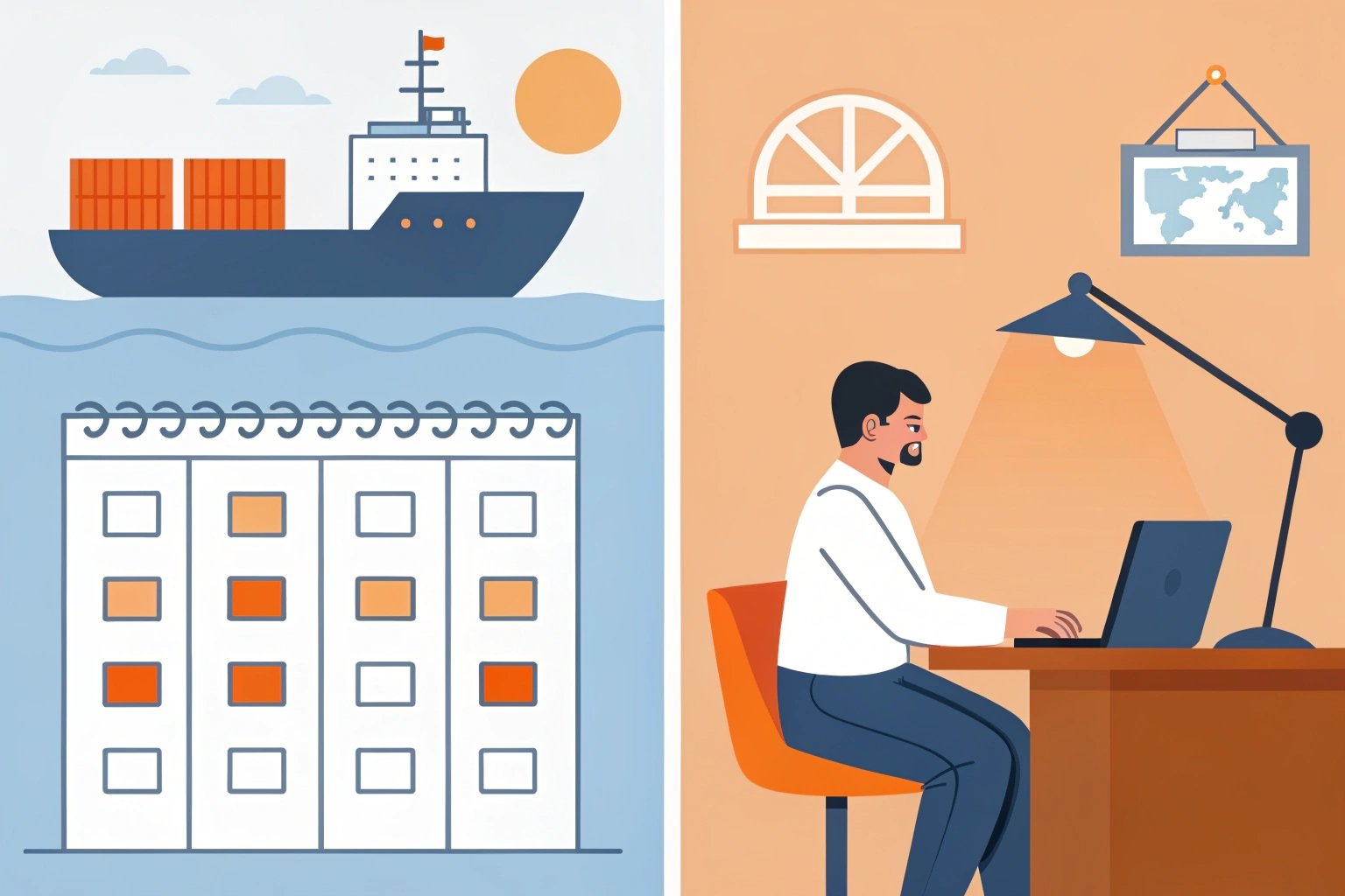 Cargo ship with scheduling planner and office worker