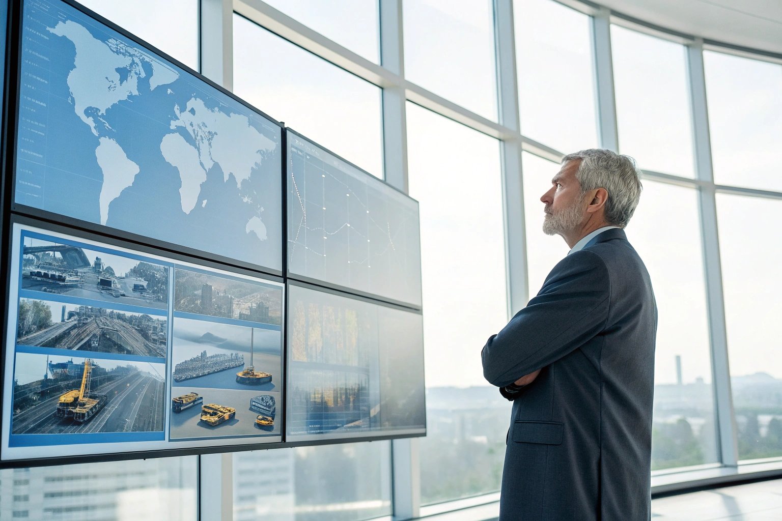 Data Analysis View Professional analyzing multiple data screens with global visuals.