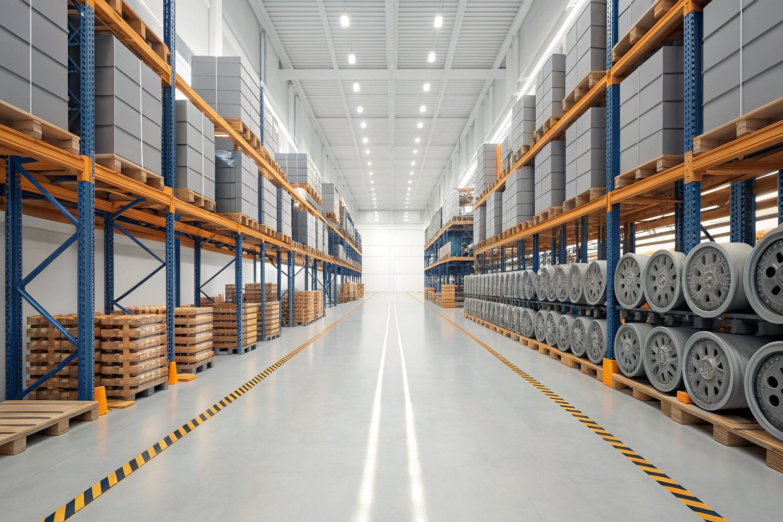 Organized warehouse displaying pallets and wheels on racks.