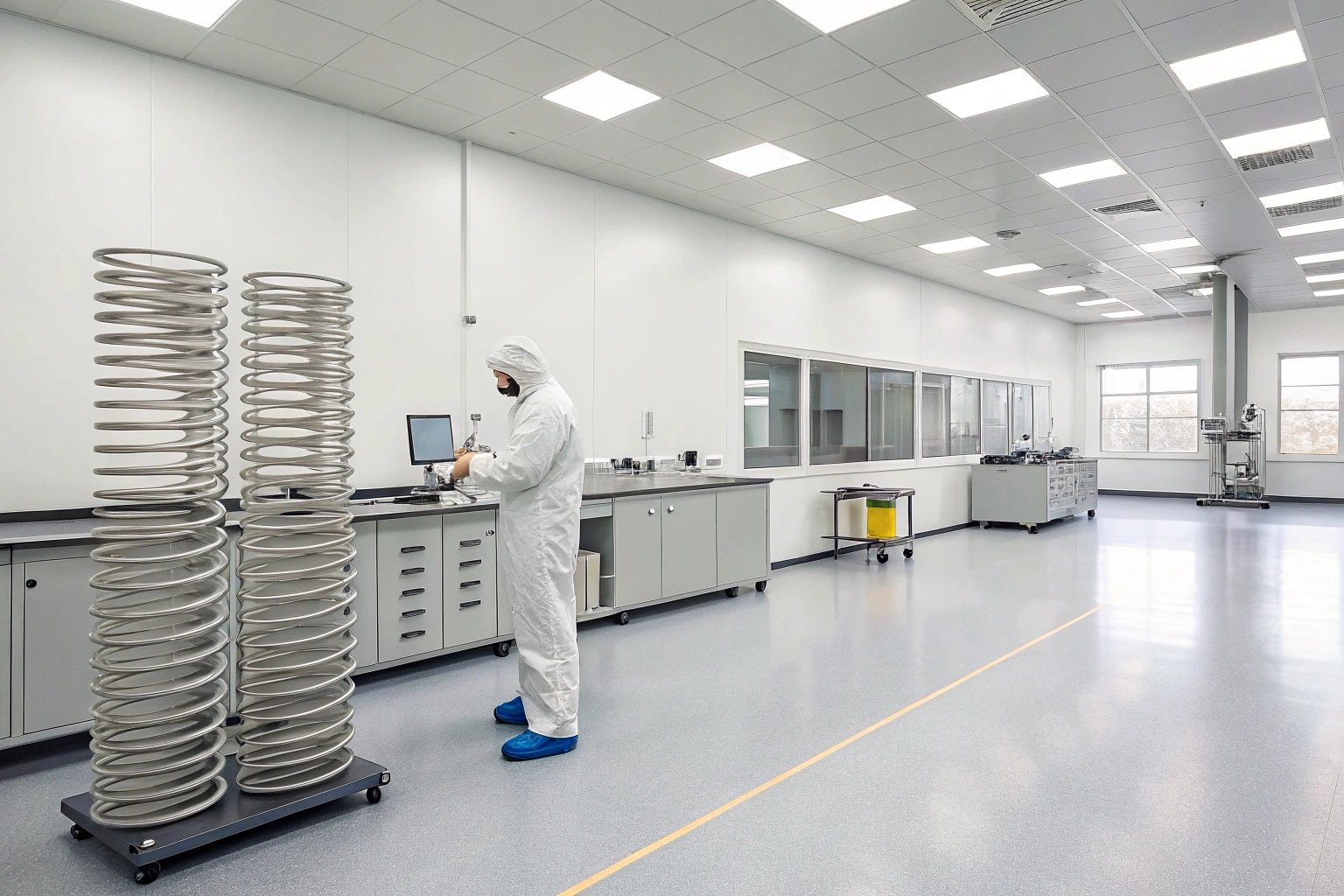 Cleanroom Experiment Laboratory technician in cleanroom suit conducting equipment experiments.