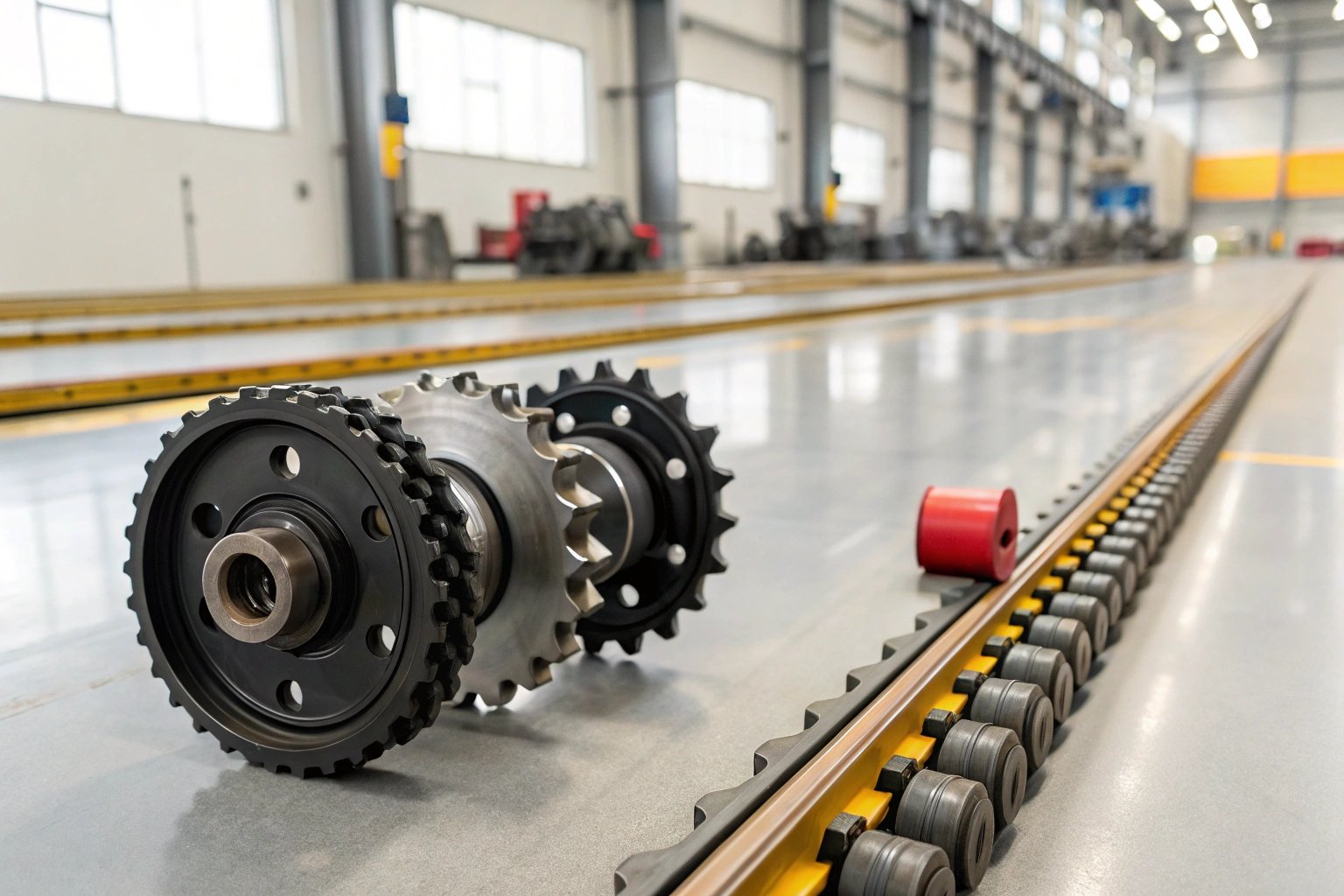 Industrial machinery components placed on assembly line. Conveyor systems in a modern factory setting.