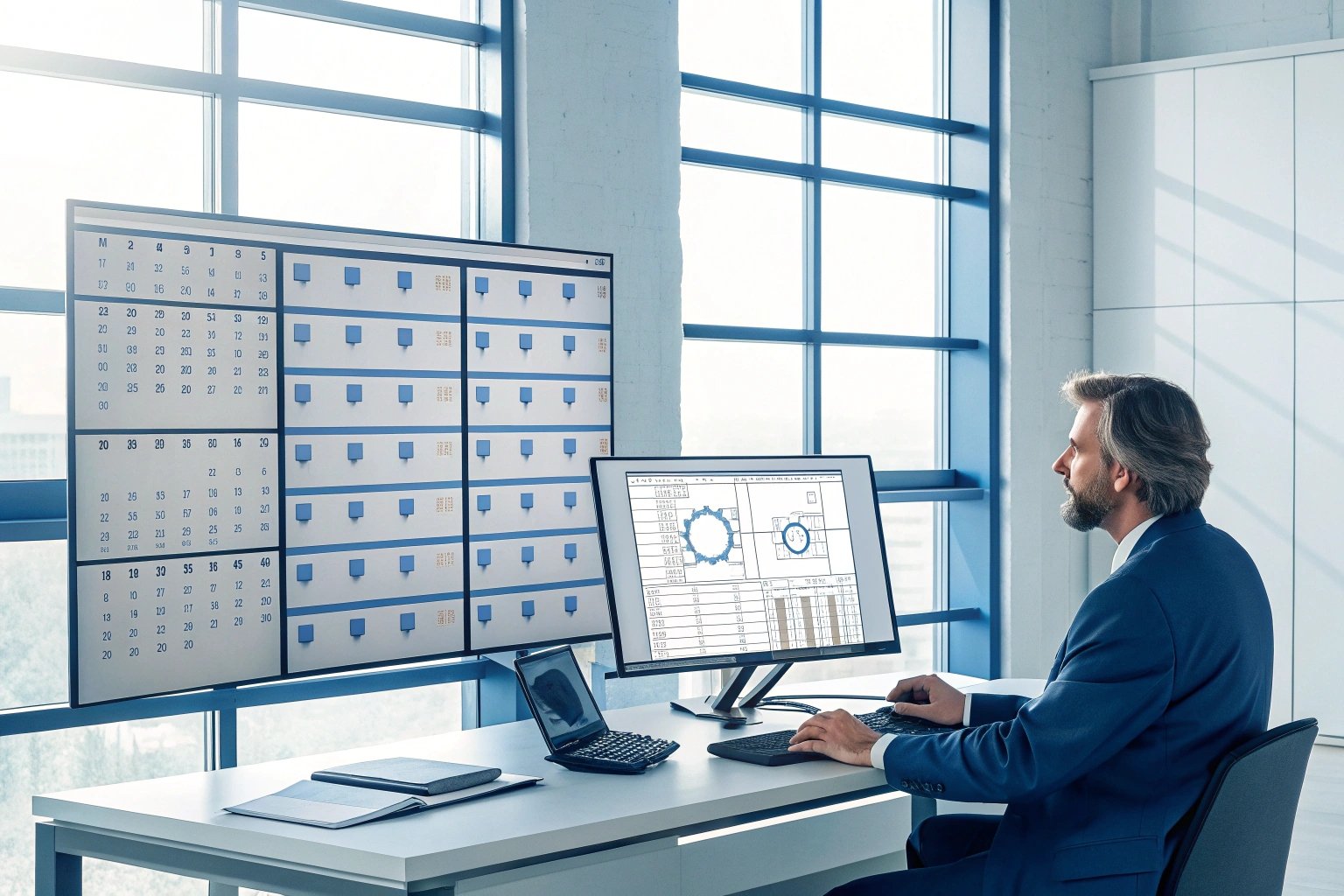 Professional analyzing data on multiple large screens