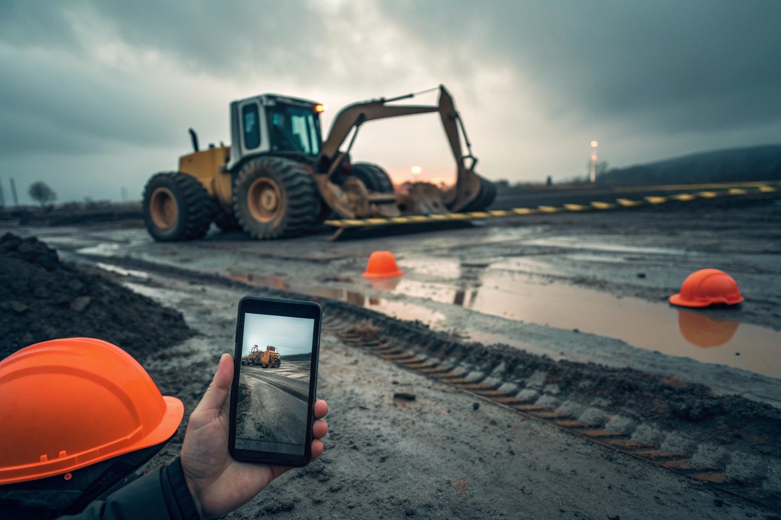 Construction Site Photo Person photographing bulldozer at construction site with smart phone.