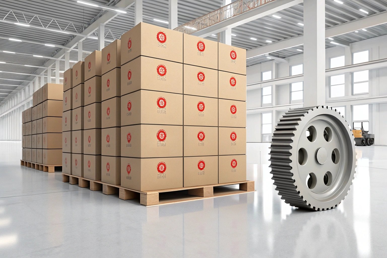 Warehouse interior showing stacked boxes and large gear