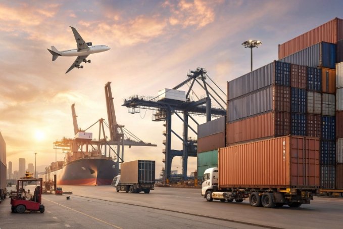 Global freight shipping at bustling port