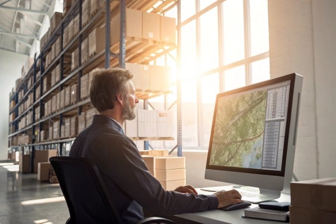 Individual monitoring logistics data on desktop in warehouse