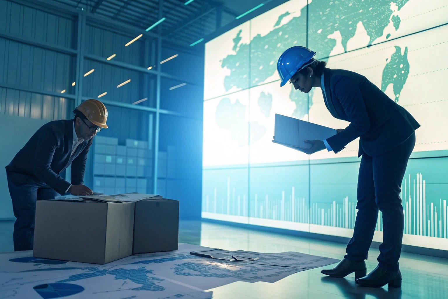 Warehouse employees analyzing shipping data projections.