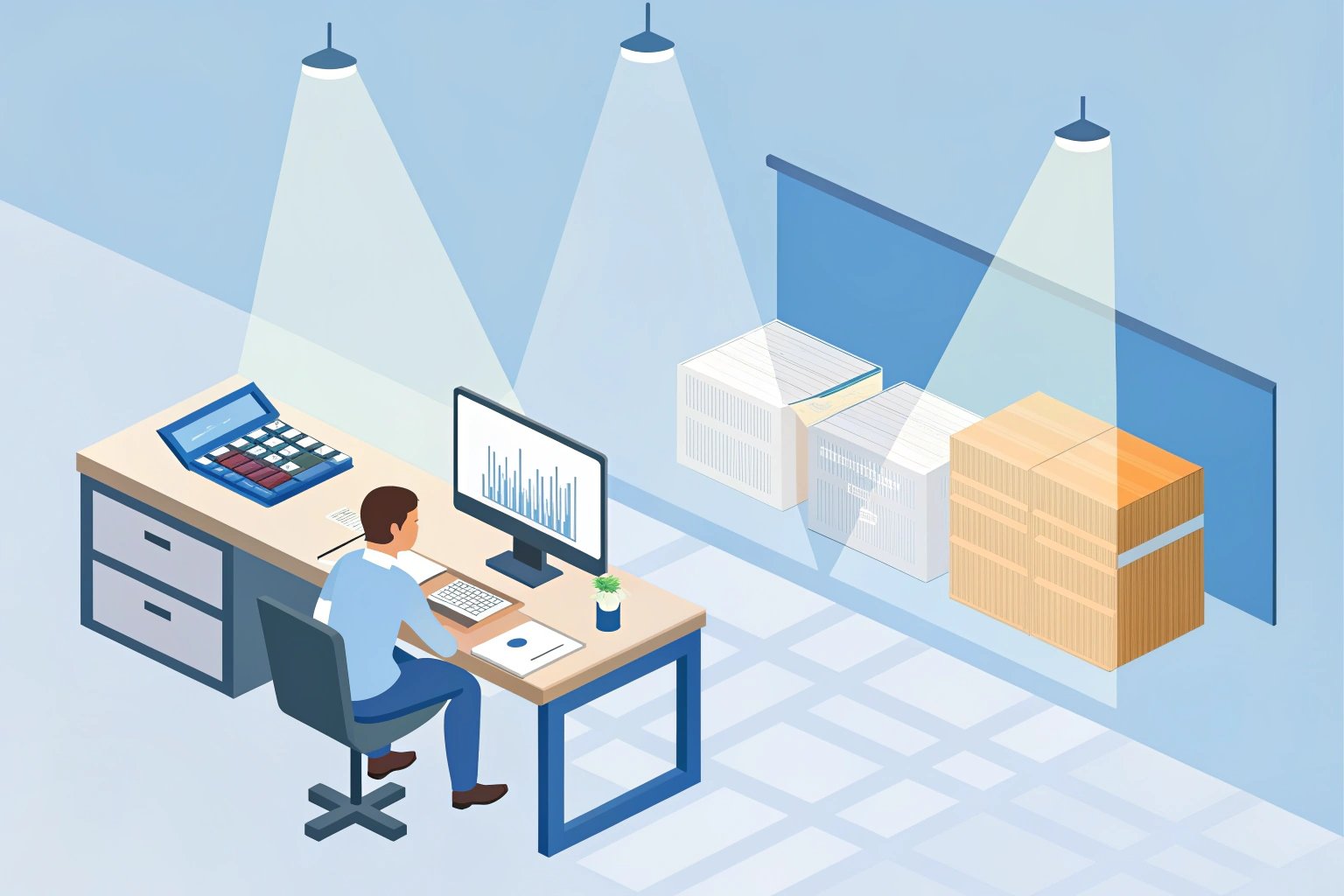 Isometric illustration of a person analyzing warehouse data