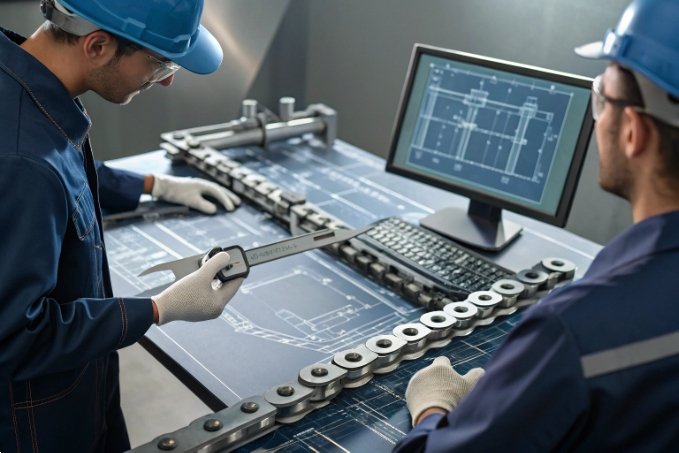 Two engineers inspecting parts in factory